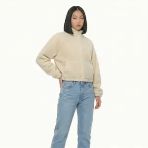 HL High Level Women's Ivory Sherpa Fleece Cropped Zip-Up Jacket - Oversized, Boxy, Comfortable Everyday Fit Longsleeve Top with Buttons, Pocket