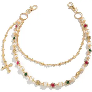 Salircon Exquisite Luxury Cross Pendant Imitation Pearl Keychain Belt Chain Men Women Punk Trousers Jeans Chain HipHop Jewelry