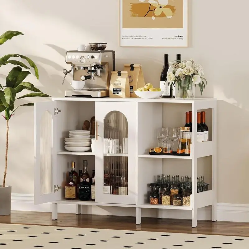 39.4" White Glass Arch Sideboard - Modern Buffet Cabinet with Adjustable Shelves, Gold Handles & Tempered Glass Doors for Entryway/Bathroom
