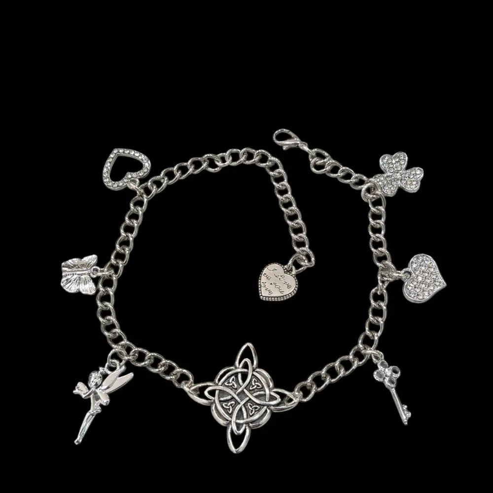 Witch Knot Multi Charm Anklet with Heart Butterfly and Fairy Charms on Chain Design