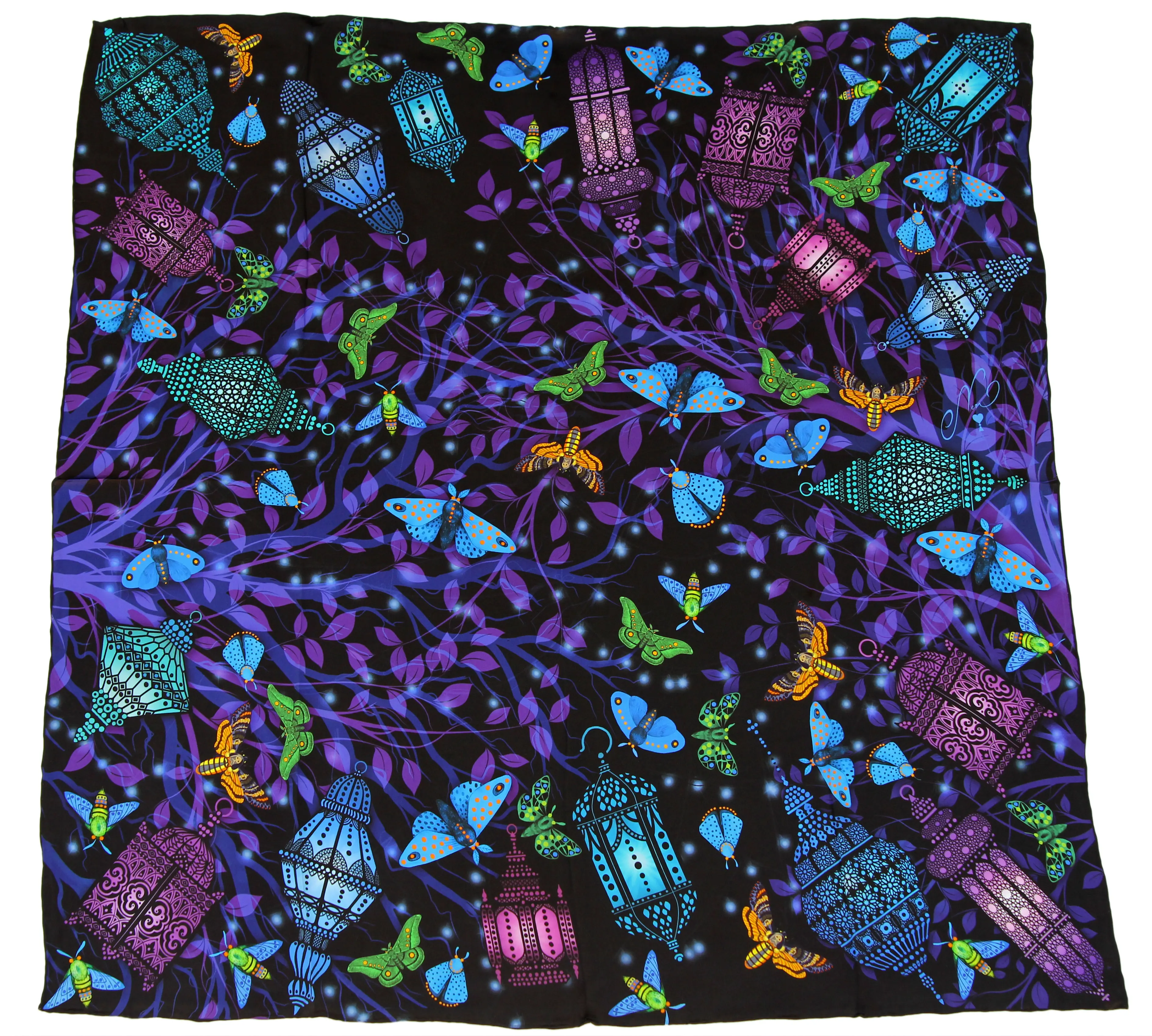 Palace Affair Lanterns Silk Scarf 36x36" Mystical Moroccan Lanterns & Moths Gift for Her Intuitive Wisdom Scarf 100% Pure Silk Charmeuse Hand Rolled Hem Art Quality Print