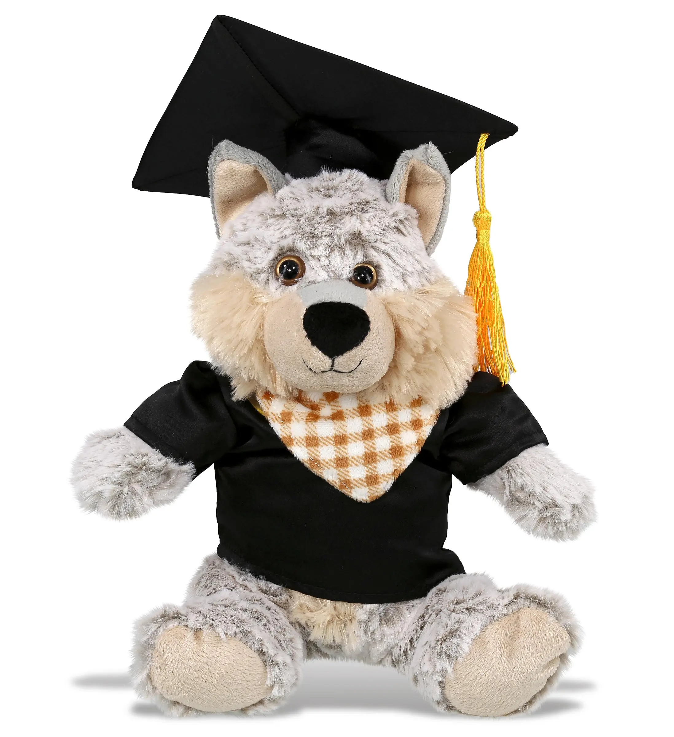 DOLLIBU 7.5l Polyester Super Soft Fluffy College Graduation Wolf Stuffed Toy - 1 Sitting Plush Wolf, Custom Decorative Plush with Removable Hat, Graduation Gift, 1 Super Soft Sitting Wolf Plush Toy