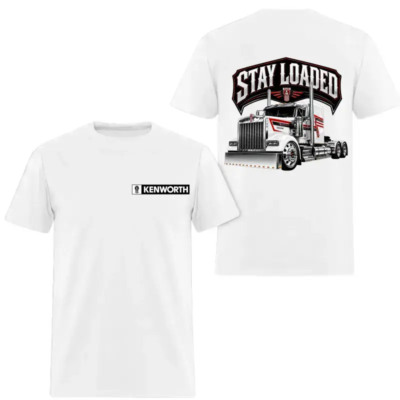 Men's Unisex Stylish Breathable Casual Short-Sleeve Cotton Graphic T-Shirt - Kenworth W900 Big Rig Print, 'Stay Loaded' Slogan, 2-Sided Design for Truckers