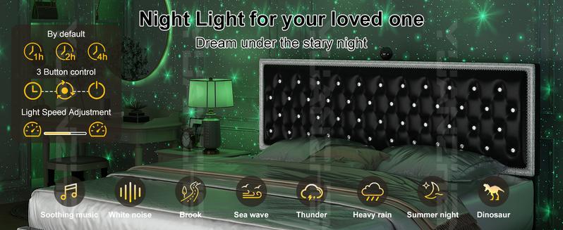 Queen LED Bed Frame with Galaxy Projector, Bluetooth Speakers, 4 Storage Drawers, PU Leather Upholstered – Smart RGB Light Bed for Gaming & Bedroom Decor | Cama LED Queen