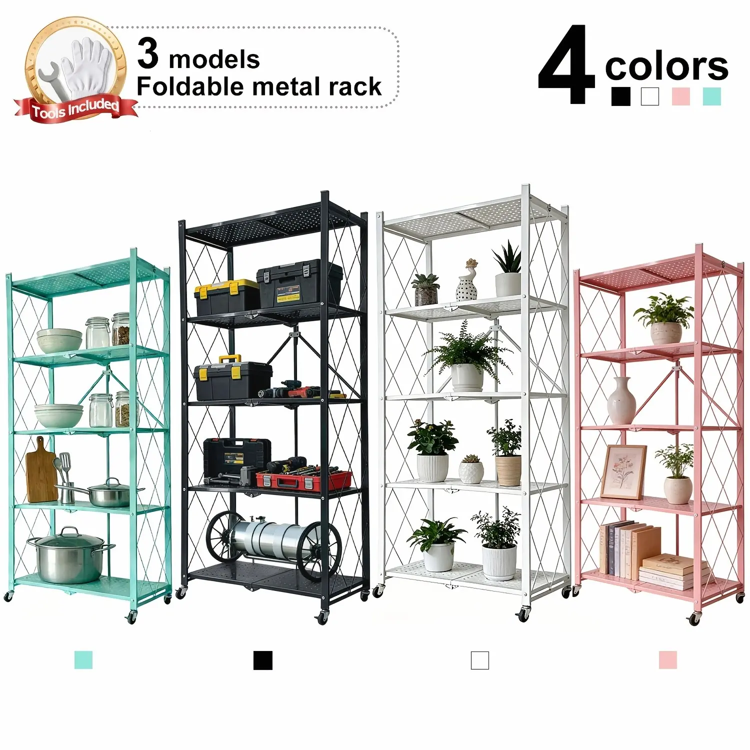 Foldable Metal Storage Rack Requiring No Installation, Designed with Foldable Lockable Casters, Practical And Multi-functional Shelf for Garages, Basements And Storage Rooms, Indoor&Outdoor. Display Shelves for Collectibles Storage and Organization