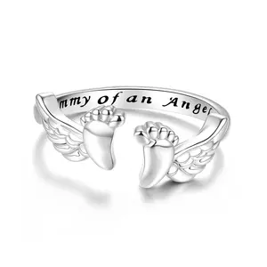 Mommy of an Angel Footprint Wing Open Cuff Ring Polished Silver Adjustable Memorial Jewelry Sentimental Sympathy Gift for Pregnancy Loss Miscarriage Mom Perfect Daily Wear & Mother’s Day Gift