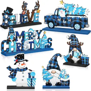 6 Pcs Christmas Table Decorations, Wooden Centerpieces, Snowman Santa Claus Gnome Signs, Blue &, Holiday Party Supplies, Decorative Props
