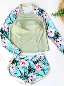 Women's Fashionable Two-Piece Swimsuit Set, Long Sleeve Printed Briefs Shorts, Detachable Padding Swimwear, Casual Surfing Swimming Sportswear, Modest Swimming Wear
