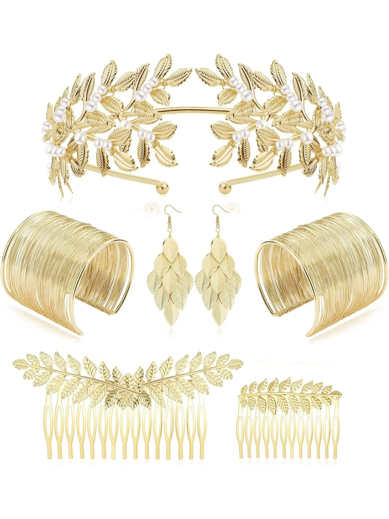 Gold Greek Goddess Costume Jewellery Set for Women Gold Roman Laurel Leaf Crown Headbands Bracelet Hair Accessories Tiara Earrings Bridal Wedding Headpiece Toga Party Halloween, Alloy Steel