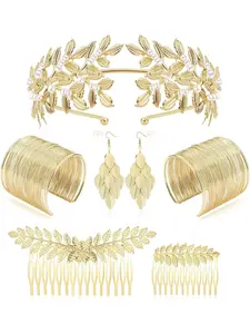 Gold Greek Goddess Costume Jewellery Set for Women Gold Roman Laurel Leaf Crown Headbands Bracelet Hair Accessories Tiara Earrings Bridal Wedding Headpiece Toga Party Halloween, Alloy Steel