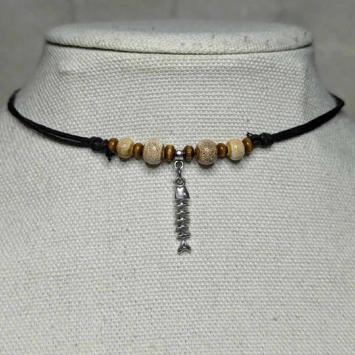 Ceramic Beaded Fish Skeleton Boho Hippie Whimsical Adjustable Black Rope Cord Choker Stacking Necklace