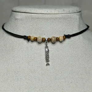 Ceramic Beaded Fish Skeleton Boho Hippie Whimsical Adjustable Black Rope Cord Choker Stacking Necklace