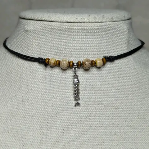 Ceramic Beaded Fish Skeleton Boho Hippie Whimsical Adjustable Black Rope Cord Choker Stacking Necklace