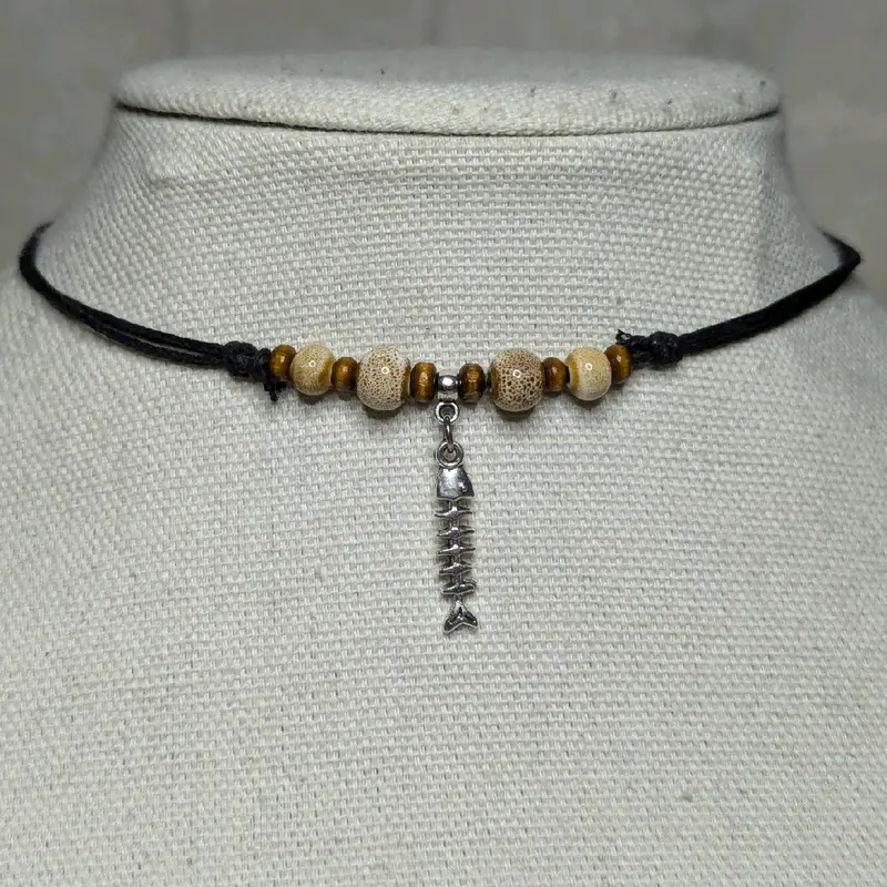 Ceramic Beaded Fish Skeleton Boho Hippie Whimsical Adjustable Black Rope Cord Choker Stacking Necklace