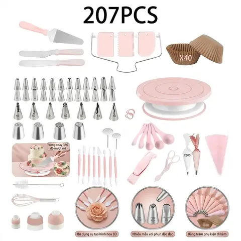 207-Piece Plastic Smooth Steel Cake Decoration Set with Rotating Turntable Stand, 100 Piping Bags, 48 Piping Tips, 3 Couplers, 3 Scrapers, Spatulas, Cake Leveler, 40 Cupcake Liners – Ideal for Beginners, Baby Shower, Halloween Celebrations