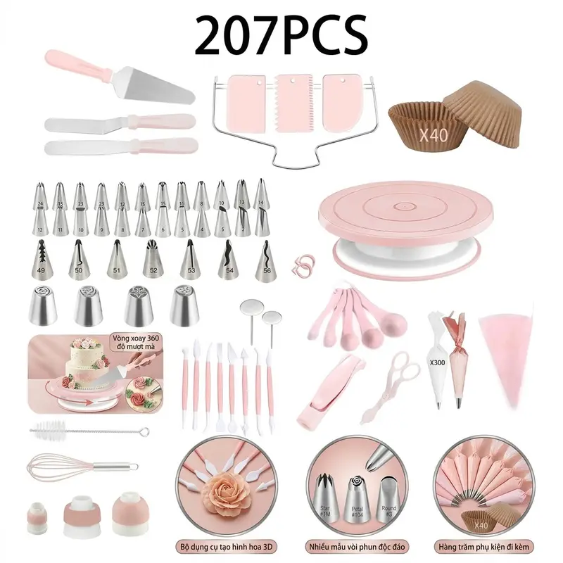 207-Piece Plastic Smooth Steel Cake Decoration Set with Rotating Turntable Stand, 100 Piping Bags, 48 Piping Tips, 3 Couplers, 3 Scrapers, Spatulas, Cake Leveler, 40 Cupcake Liners – Ideal for Beginners, Baby Shower, Halloween Celebrations