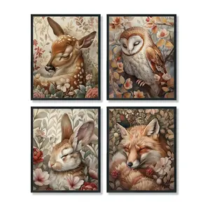 4pcs/set Unframed Vintage Woodland Animals Wall Art Decor, Retro Forest Deers Owl Rabbit Fox Wall Decor Animal Posters, Decorations for Bedroom Living Room Home Nursery Cabin