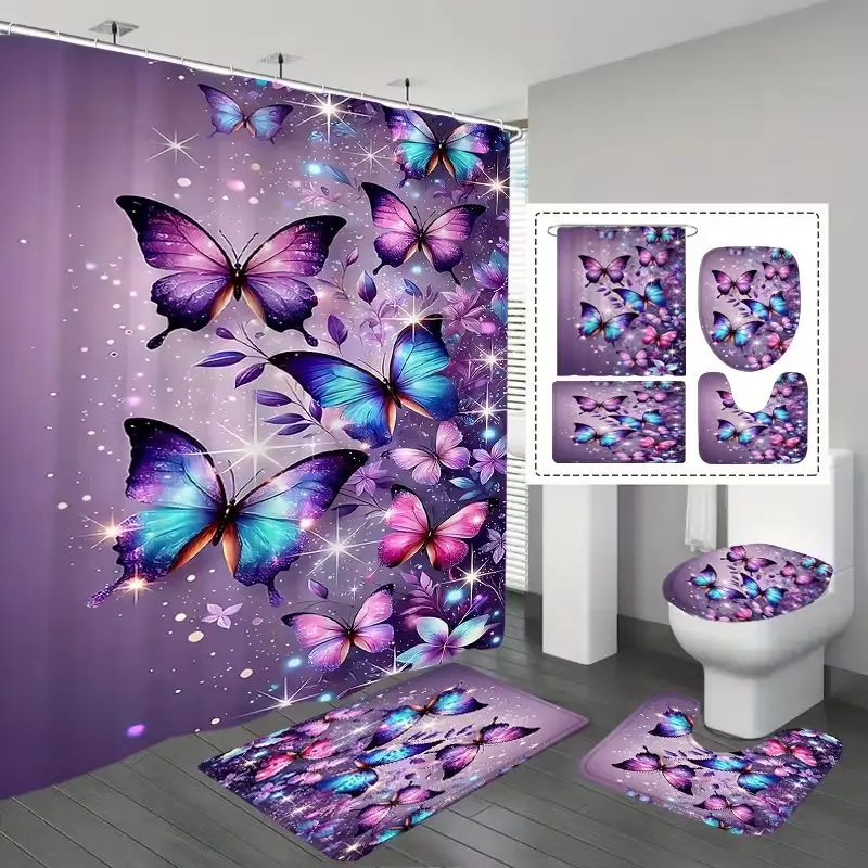 1/4pcs Purple background with butterfly pattern shower curtain set, Bathroom supplies, festive design, includes non-slip mat, U-shaped rug, and toilet seat cover, comes with 12 shower curtain hooks