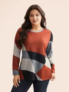 Women's Plus Size Army Colorblock Contrast Round Neck Long Sleeve Polyester T-Shirt - M-6X Fit, 2026 Summer Turn-Up, Mother's Day Pick, Lady Fabric Top, Womenswear Deal