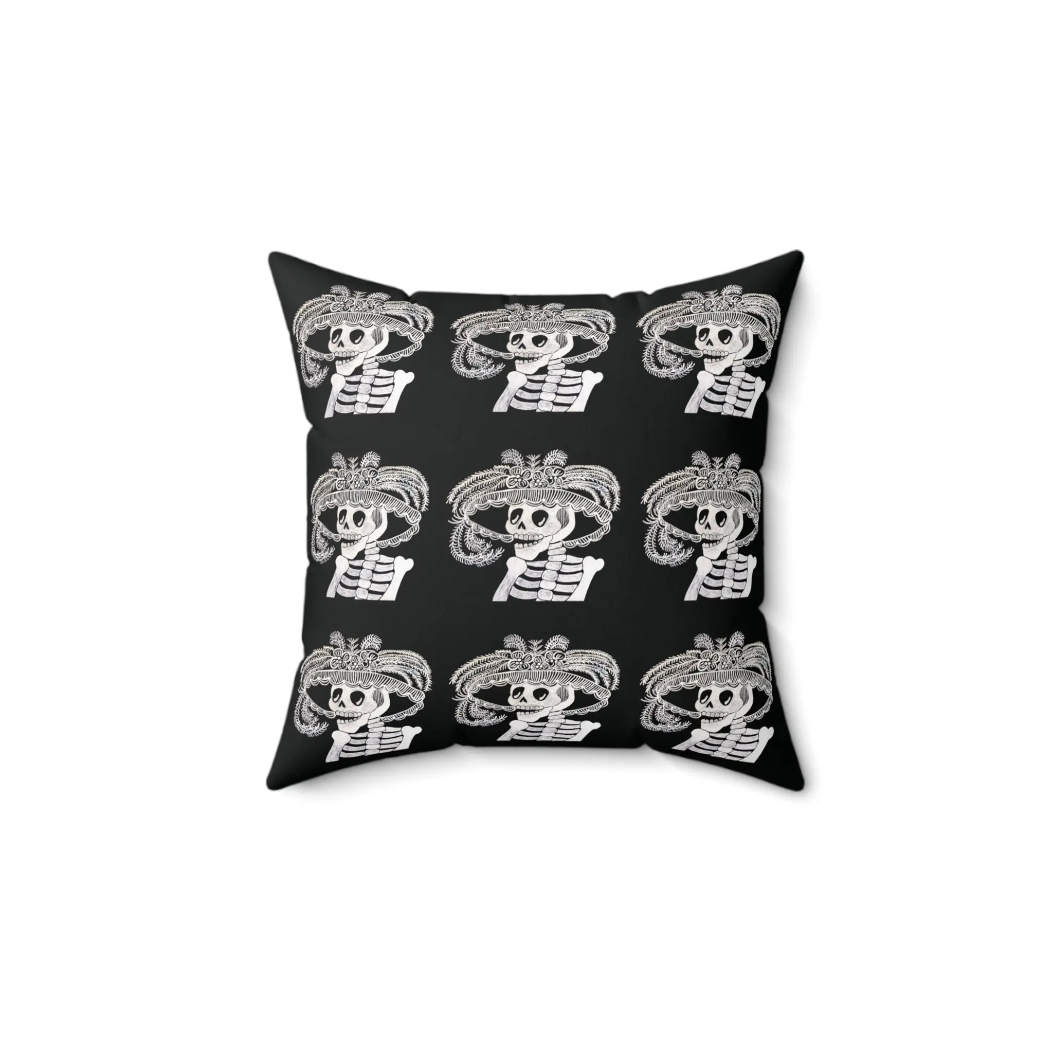 Catarina Day Of the Dead Skeleton Dia De Los Muertos Accent Black and White Spun Polyester Square Pillow with Zipper