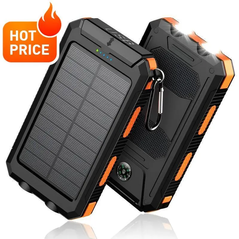 10,000 mAh Portable Solar Charger EmergencyBattery Outdoor Solar Power Bank Waterproof Shockproof  Large Capacity External Battery Pack for Camping Hiking Travel Emergency
