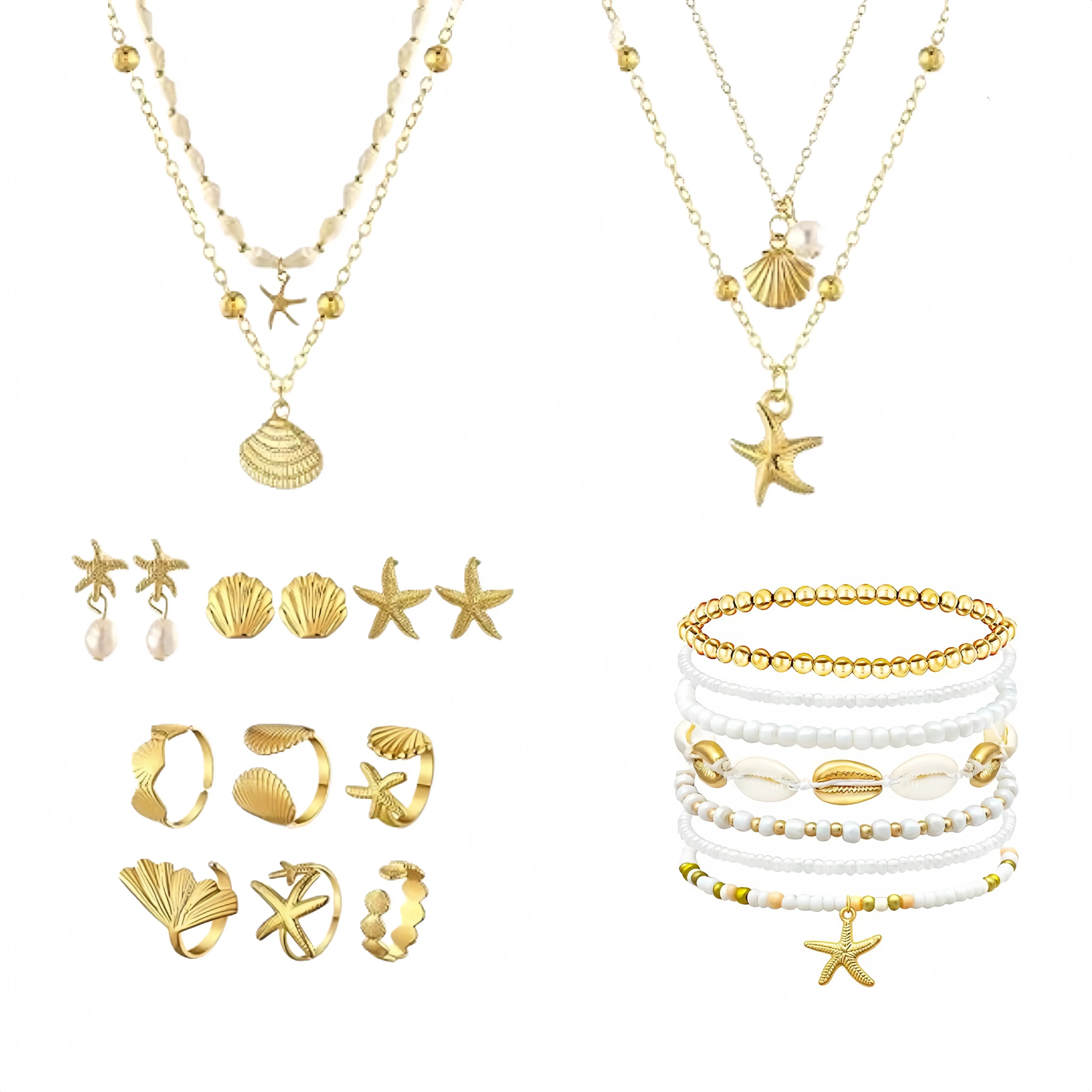 15Pcs Women Summer Beach Seashell Starfish Jewelry Pack, Mermaid Style Layered Charm Necklace, Stud Earrings and Rings, All-Match Holiday Travel Decor