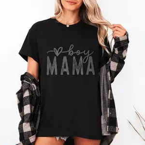 Boy Mama Heart Graphic Oversized T-Shirt, Cute Mom Comfort Cotton Outfit, Fashion Casual Mom Life Tee, Best Gift for Mom Lover Family Mother's Day Birthday