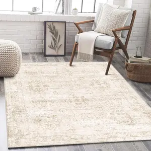 Washable Area Rug 8x10, Large Soft Rugs for Living Room Vintage Beige Carpet for Bedroom Dining Room Non-Slip Stain Resistant Table Rug