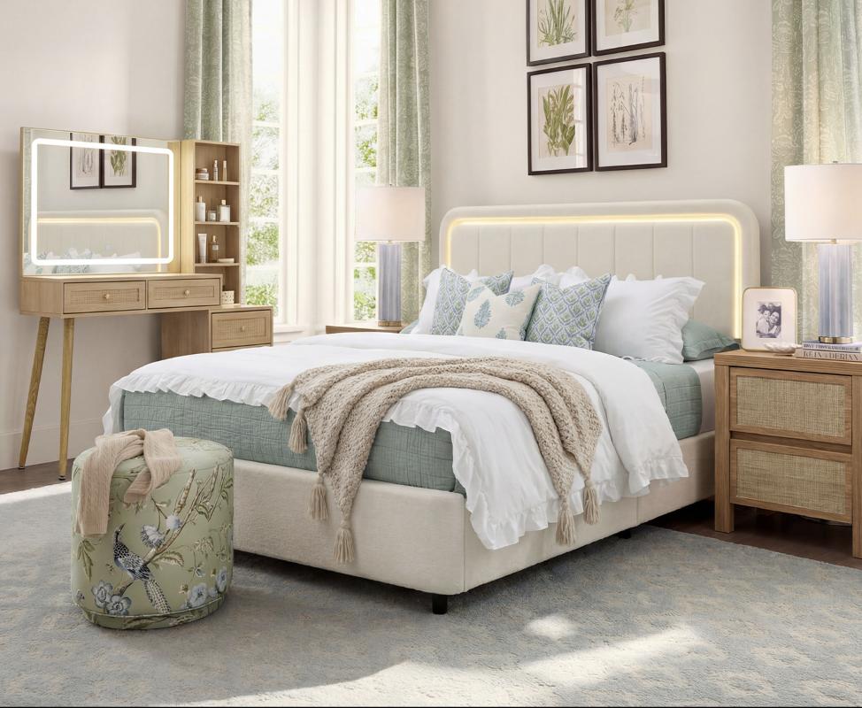 Cloud Bed Frame with LED Light, Boucle Upholstered Bed | Beige, 4 Storage Drawers, Soft Curved Corners, No Box Spring Needed, Easy Assembly, Adjustable Headboard