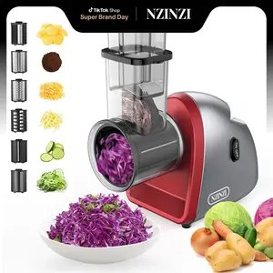 NZINZI Electric Cheese Grater with 6 Blades for Home Kitchen Use 250W Salad Shooter Slicer for Vegetables Fruits Cheeses Gray Non-Slip Base non-slip suction base