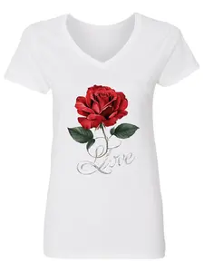 Women's V-Neck T-shirt Red Rose & Silver Love Script, Elegant Floral Graphic Tee, Casual Short Sleeve Romantic Apparel, Ideal Gift for Women, Valentine's Day and Romantic Occasions