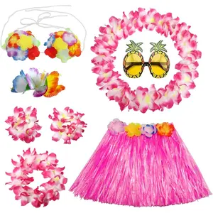 8 PCS Hula Skirt Costume Accessory Kit Luau Party Dress Up for Girls 40 CM Hawaiian Hula Dancing Skirt Set