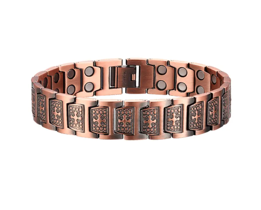 Pure Red Copper Men's Bracelet with Magnetic Closure - Vintage Cross Charm Chain, Stylish Jewelry for Men"
