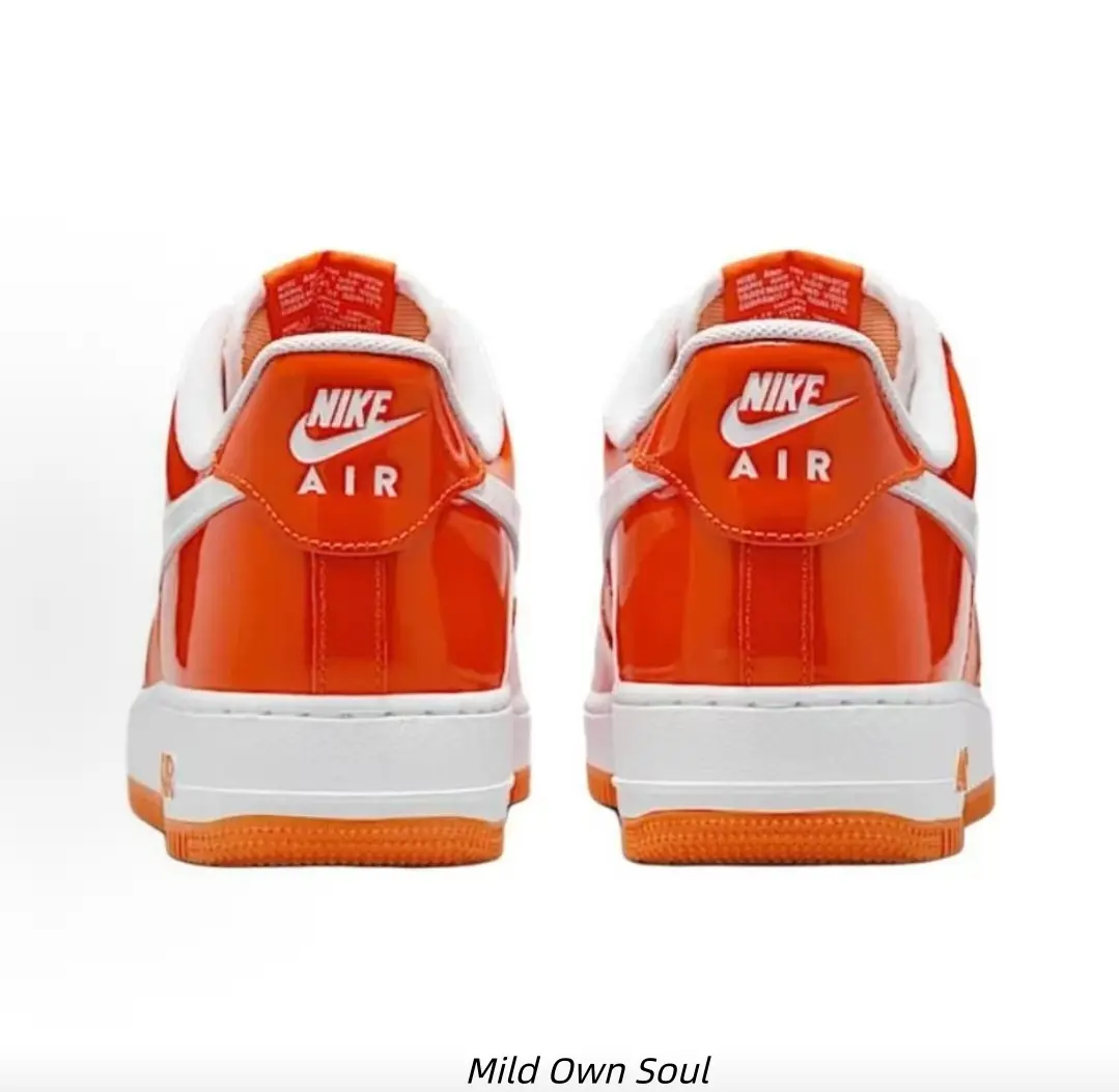 Bright Orange Patent Leather Low Top Skate Sneakers White Contrast Accent Retro Fall Casual Walking Flat Shoes Unisex