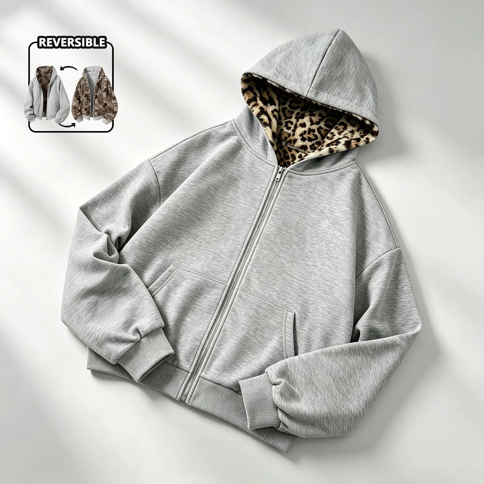 EKF American vintage leopard-print men’s cotton double-sided zip hooded jacket with a soft, skin-friendly fit that resists deformation; versatile everyday outerwear Classic Grey