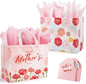 Mother Day Gift 2 Pack 13" Large Mothers Day Gift Bags with Tissue Paper, Reusable Non-Woven Mothers Day Bag with Handle, Elegant Mothers Gift Wrap Bags for Presents, Floral Gift Bags with Cards for Woman, Mom