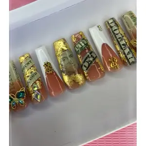 Money Nail Design Freestyle with White French Tips - Assorted Designs in Clear and Gold Finish