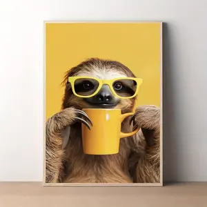 1 Piece of Frameless Canvas Print with Glasses and Coffee on a Whimsical Sloth, 30.48x 40.64cm - Charming Animal Theme Wall Art Suitable for Home, Office, or Cafe Decoration, Yellow Background, Playful Design, Whimsical Decoration
