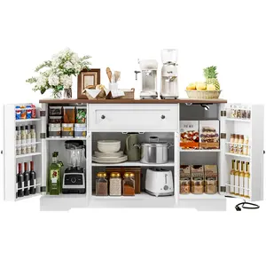 55.1" Buffet Cabinet with Storage, Charging Station, Modern Kitchen Buffet Sideboard with Drawer, Black Wood Coffee Bar with Adjustable Shelves & Spice Rack, Kitchen Storage Cabinet for Living Room