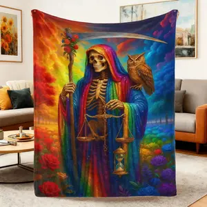La Santa Muerte delas sieete potencias Flannel Blanket, Day of the Dead Art Print Pattern, Cozy Lightweight Warm, Suitablefor Halloween Decor, Home Decor, Living Room,Bedroom, Sofa, Travel, Perfect Gift for Birthday,Anniversary, or Thanksgiving Day.