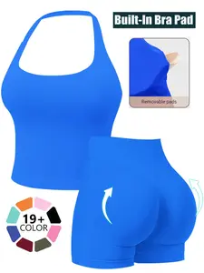 Seamless Workout Sets for Women, Halter Tank Top & Gym Scrunched Shorts Sports Set, Sporty Breathable Quick Drying Outfits for Yoga Gym Workout Running, Ladies Sportswear for Summer