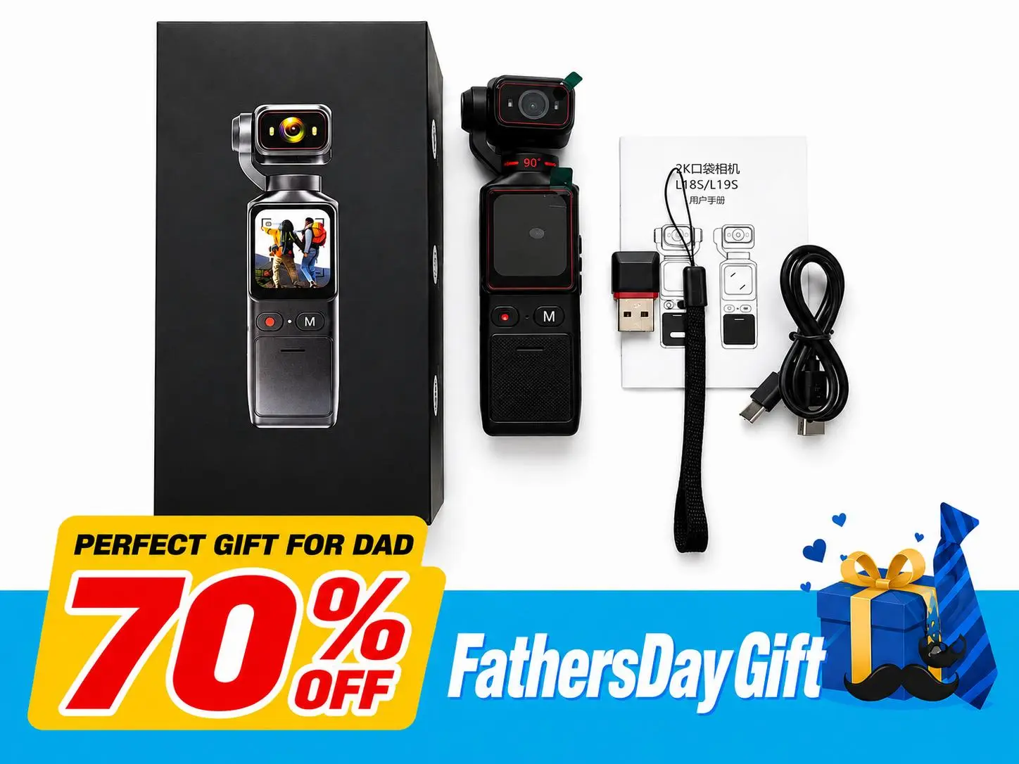 【Father's Day Gift】 2.7K Pocket Camera with 1.96" Display - 180° Swivel 150° Ultra Wide Angle Lens - WiFi & App Control - 2000mAh Battery (6h Runtime) - Image Stabilization & Loop Recording