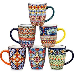 16 oz Coffee Mugs Set of 6, Large Ceramic Mug with Handle, Boho Coffee Cups for Latte, Cappuccino & Hot , Dishwasher & Microwave Safe  Set, Series SIMI