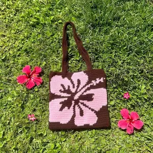 Crochet Flower Bag Tote - Brown and Pink Handcrafted Floral Design Tote Bag for Everyday Use