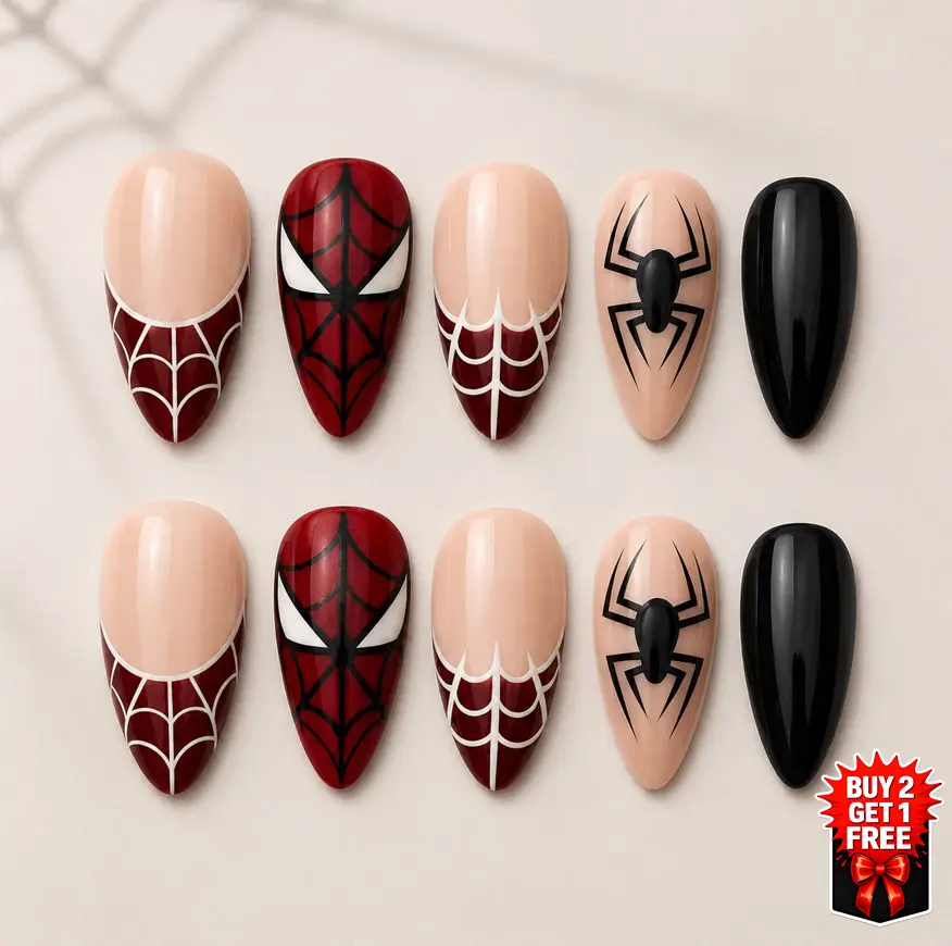 [BUY 2 GET 1 FREE] Handmade Spider Hero Press On Nails | Red Black Comic Web Design | Glossy Reusable False Nails | Almond Shape | Trending Nails Inspo Movie