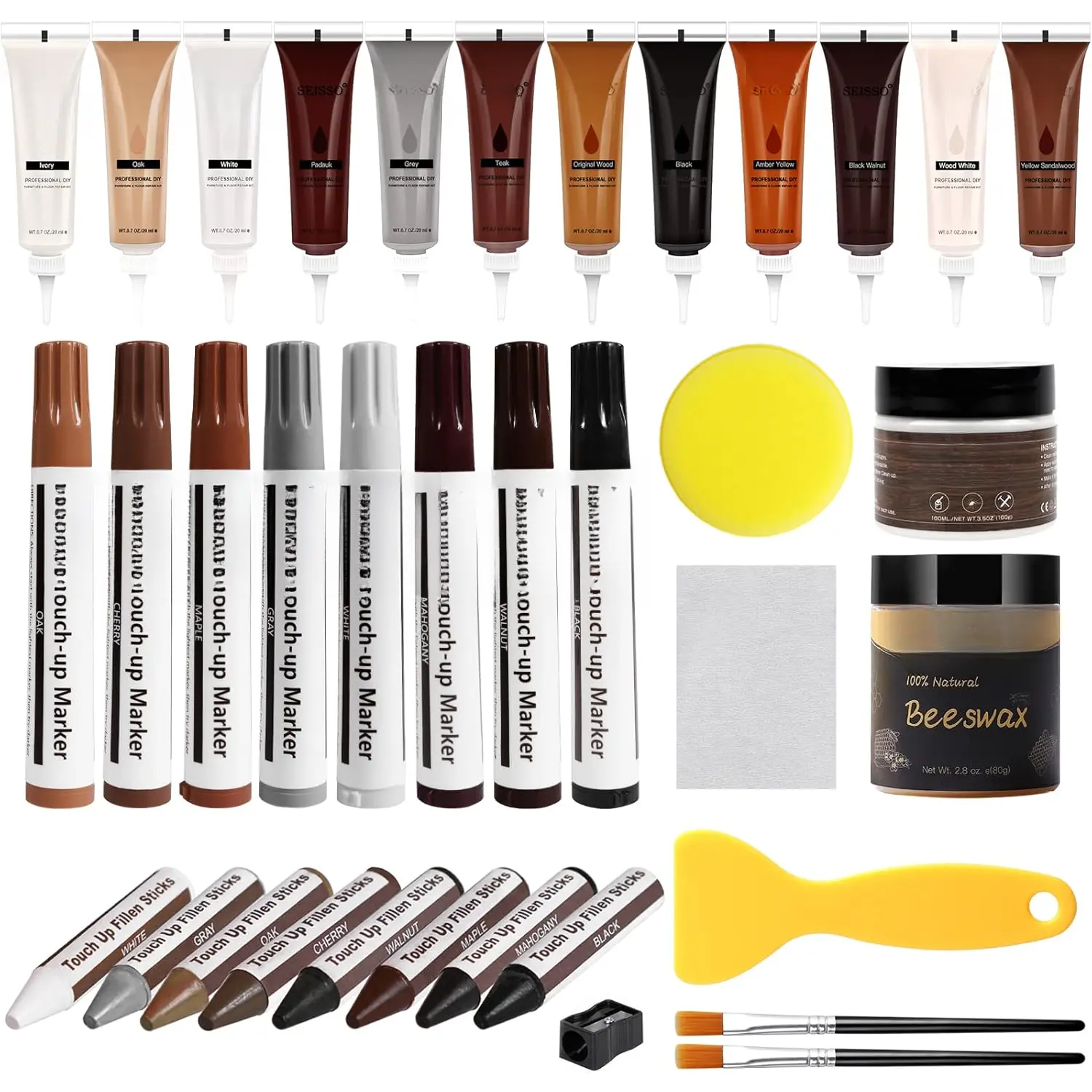 Furniture Repair Kit, 12 Colors  Fillers,  Putty with Beeswax, Furniture Touch Up Markers with  Crayons, Hardwood Floor Repair Kit for Stains, Scratch, Cracks, Hole