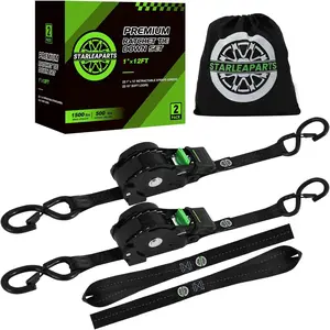 Retractable Ratchet Straps(2PK) - 1,500lb Break Strength, Ratchet Straps with Soft Loop Tie Downs, Perfect Auto Ratchet Strap for Motorcycle, Kayak and Trucks (Black)