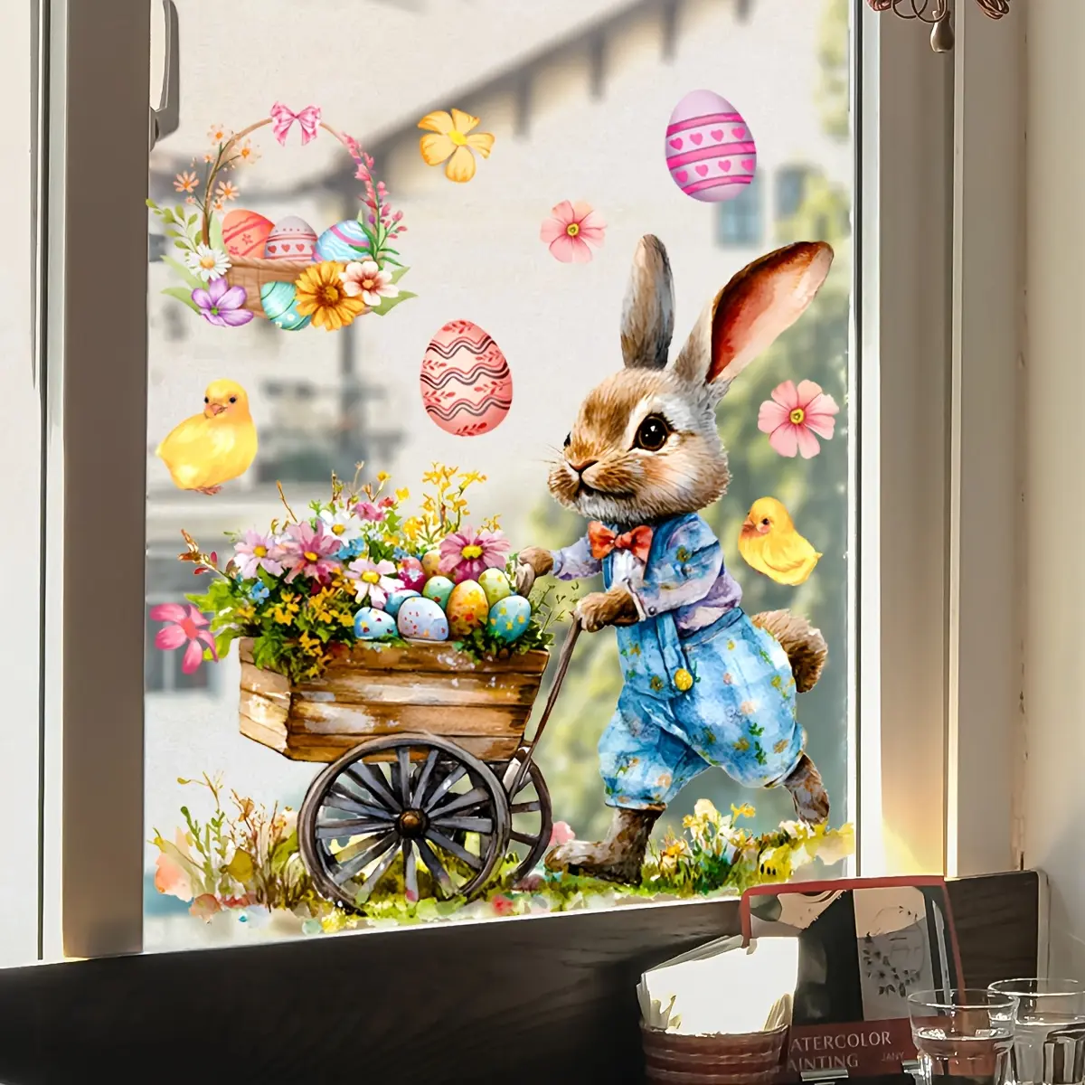 A self-adhesive window decoration sticker featuring an Easter bunny with a small cart and Easter eggs for shop windows or glass surfaces, DCT7077-YC