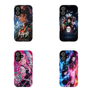 A *Demon Slayer* anime-themed film-style phone case, compatible with iPhone 12, 13, 14, 15, 16, and 17 models. The interior of the case features a TPU silicone lining that provides additional protection.