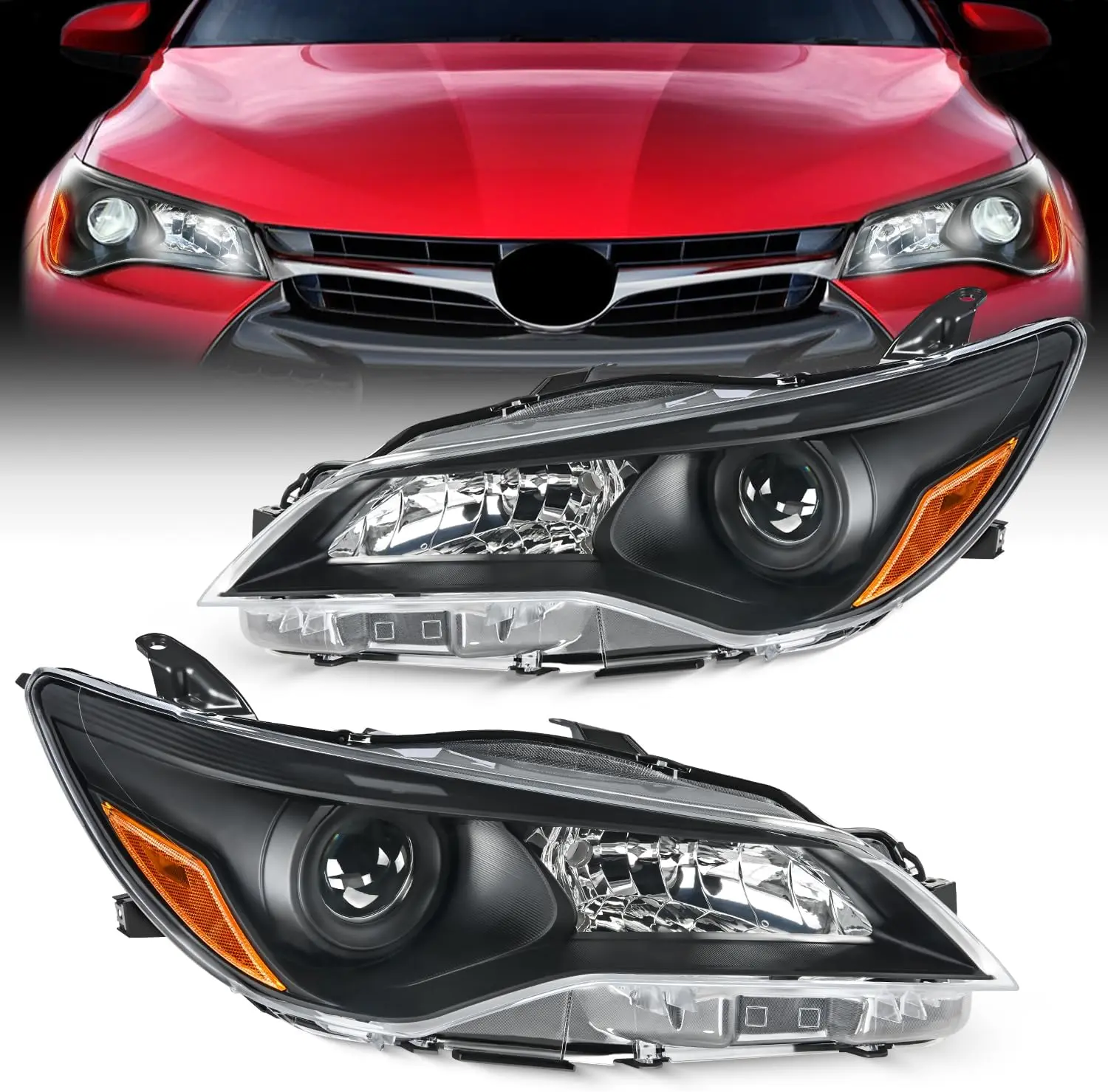 Nilight Headlight Assembly Compatible with 2015 2016 2017 LE SE XLE Toyota Camry Headlamps Replacement Black Housing Amber Reflector Clear Lens Driver and Passenger Side, Front Light, High-Impact